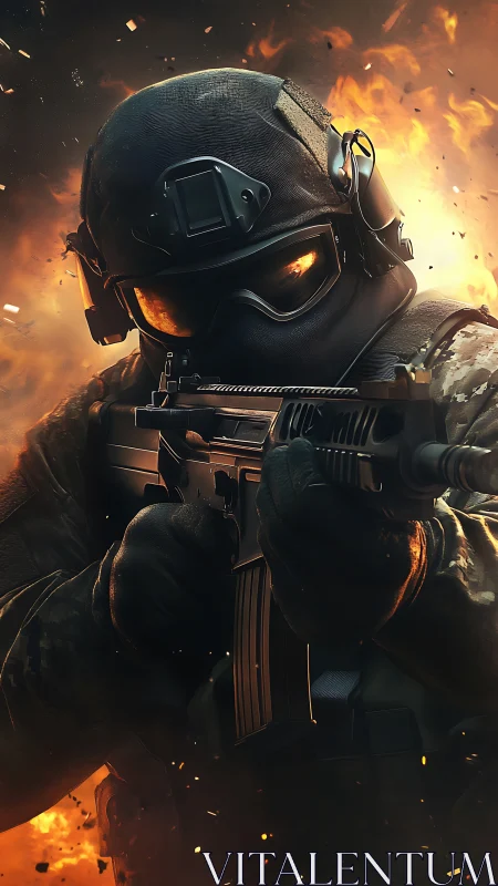 Armored tactical soldier aims rifle amid explosive firestorm