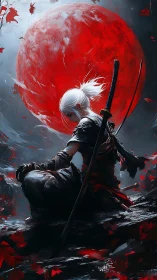 Blood moon ronin in scarlet storm of falling leaves.