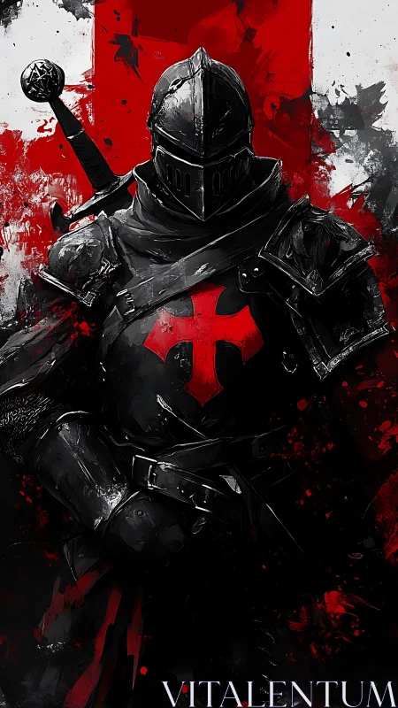 Armored crusader stands before blood red cross banner