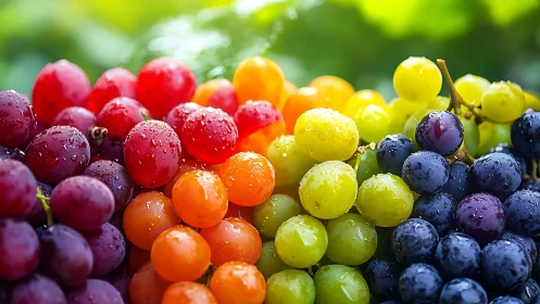 Colorful fresh grape clusters arranged in rainbow order.