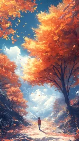 Solitary figure walks along tree-lined autumn forest path