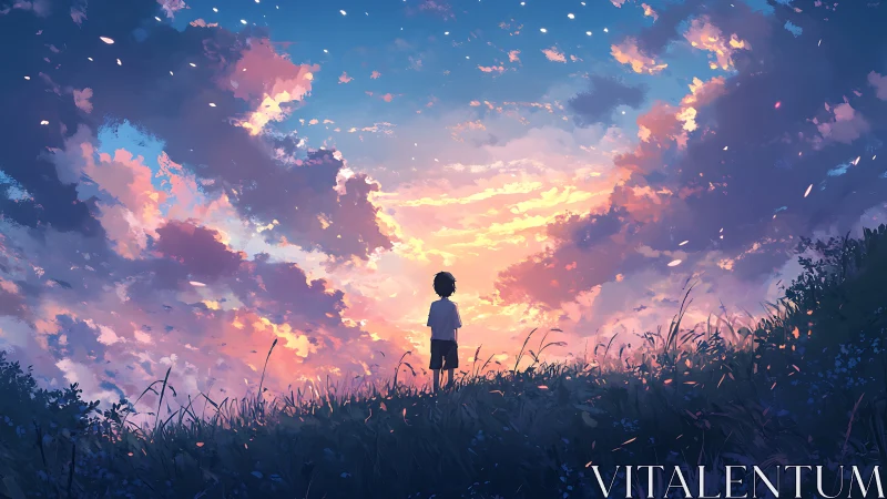 Child silhouetted against glowing sunset sky in reflection.