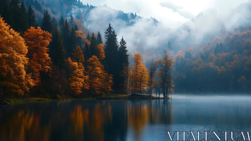 Mist drifts over an autumn forest mirrored in a still lake