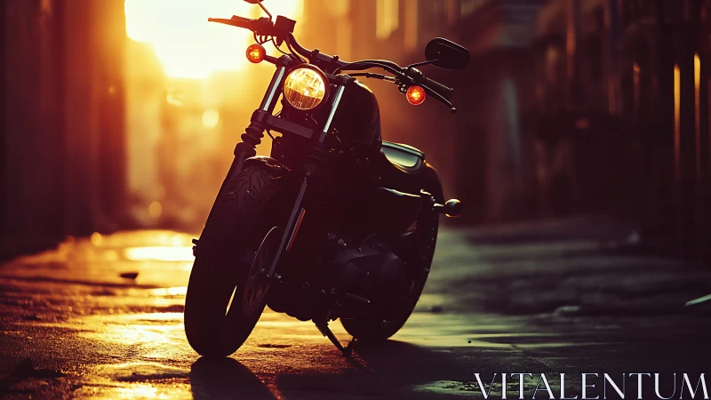 Custom motorcycle waits in a golden sunset alleyway glow
