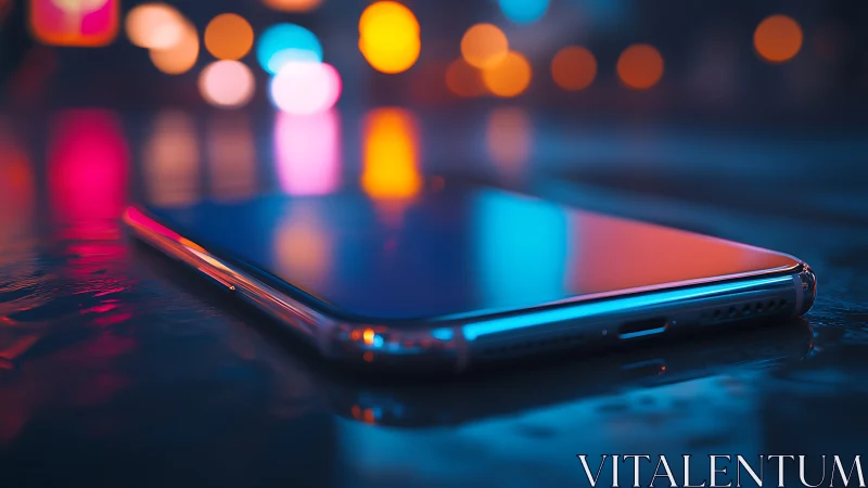 Smartphone screen reflects neon bokeh in wet night city