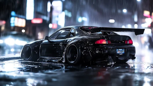 Modified black sports car stands in wet neon city street