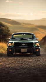 Photorealistic front view classic Mustang on rural dirt road.