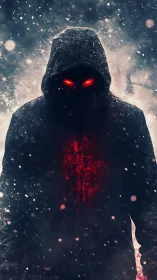 Hooded shadow figure with glowing red eyes in snowstorm.