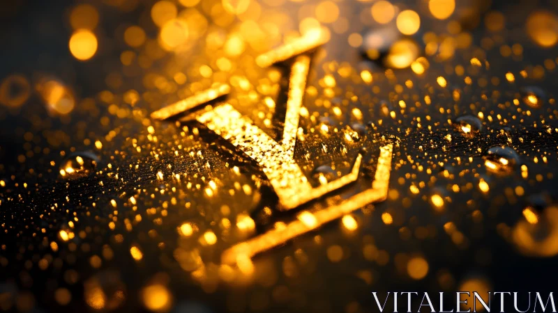Luxury gold LV monogram with water droplets, glowing bokeh style.