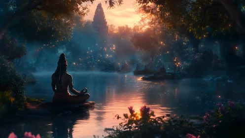 Soft dawn meditation welcomes a tranquil riverside temple