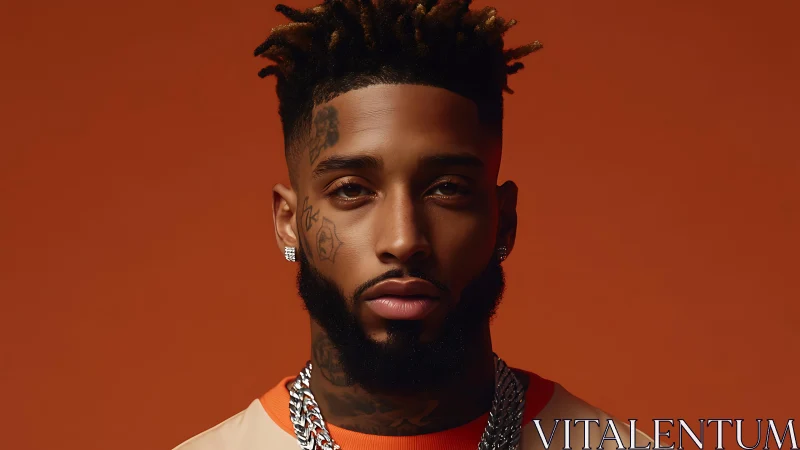 Striking tattooed portrait under warm monochrome lighting.