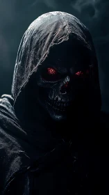 Hooded skeletal figure with illuminated red eye sockets.