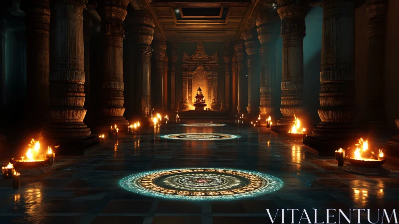 Oracle lights shimmer toward the silent temple guardian statue