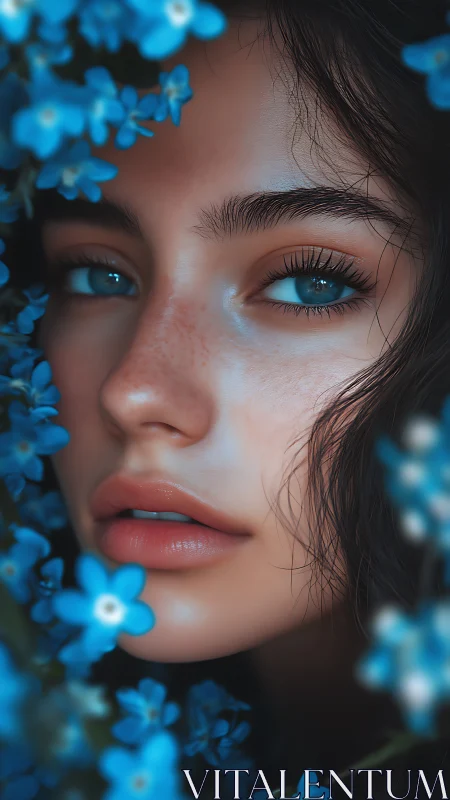 Close portrait of blue eyed woman framed by vivid flowers.