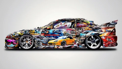 Sticker-collage sports car profile with vivid tuner art.