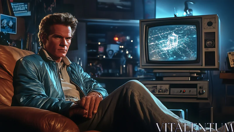 Retro control room portrait shows man lit by CRT screen glow