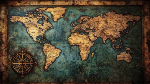 Vintage world map unfolds over textured ocean blue background.