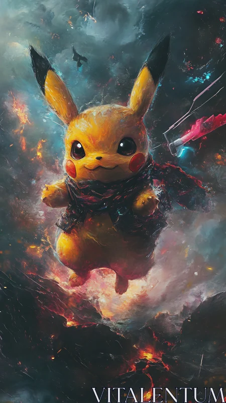 Heroic yellow creature in fiery stormy fantasy sky.