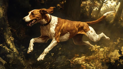 Kinetic hound in mid-leap through dynamically lit forest.