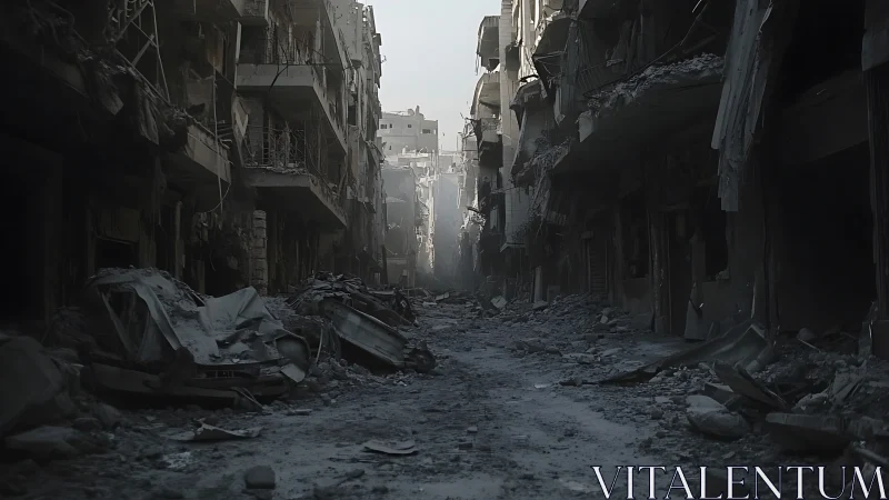 Bombed urban street lies in ruins under ashen daylight.