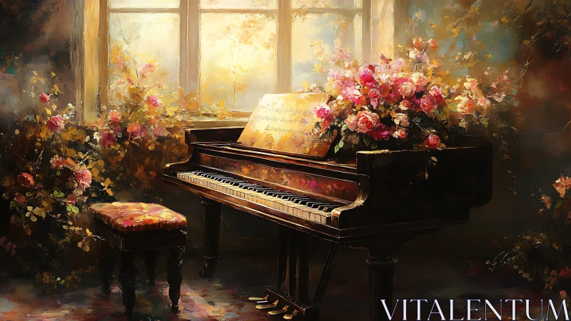 Grand piano glows under floral sunrise window light.