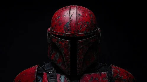 Red sci‑fi armored helmet portrait on dark background.
