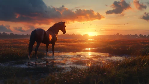 Gentle horse standing in glowing marshland sunset light.