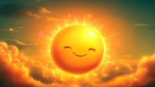 Smiling sunrise spirit beaming joy above molten clouds.