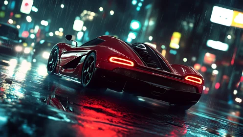 Red hypercar slices through neon rain in a futuristic cityscape.