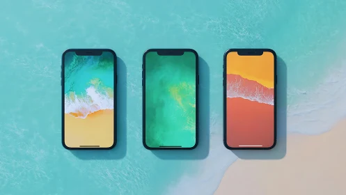 Smartphones display vivid beach wallpapers above teal surf.