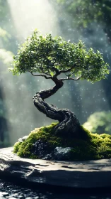 Gentle forest bonsai glowing softly in dappled morning light.