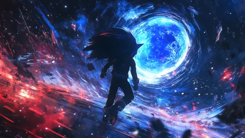 Silhouette hero sprints toward blazing cosmic vortex portal