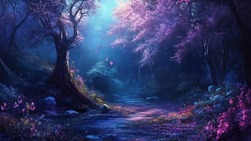 Luminous Forest Path: Digital Painting with Bioluminescent Flora.
