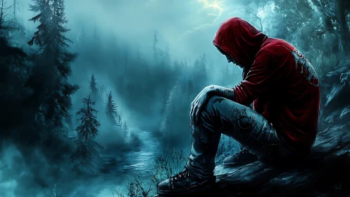 Solitary hooded figure contemplates misty forest river gorge