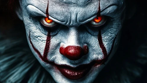 Sinister clown gaze carves burning terror through the dark