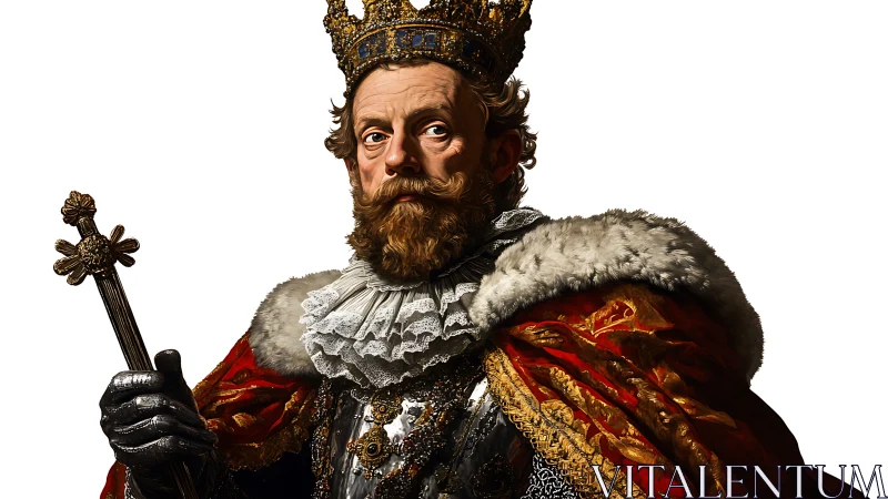 Crowned sovereign in crimson velvet and winter-bright fur.