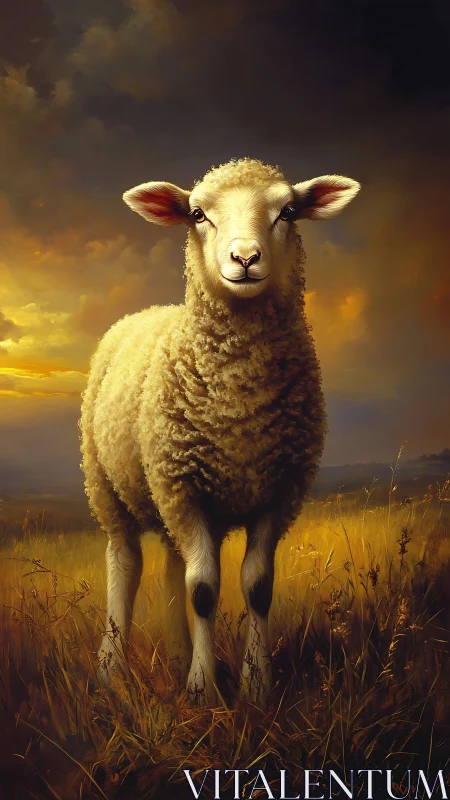 Gentle golden-hour sheep standing in a softly glowing field.