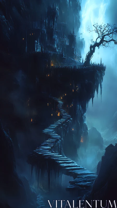 Cliffside necropolis with winding stone stair and spectral glow.