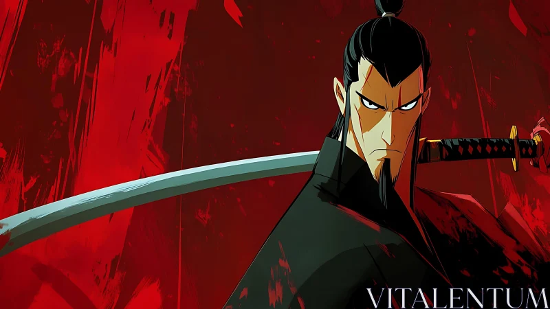 Storm-eyed samurai cleaves silence in a crimson tempest.