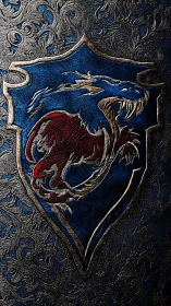 Gleaming dragon crest on deep blue medieval shield.