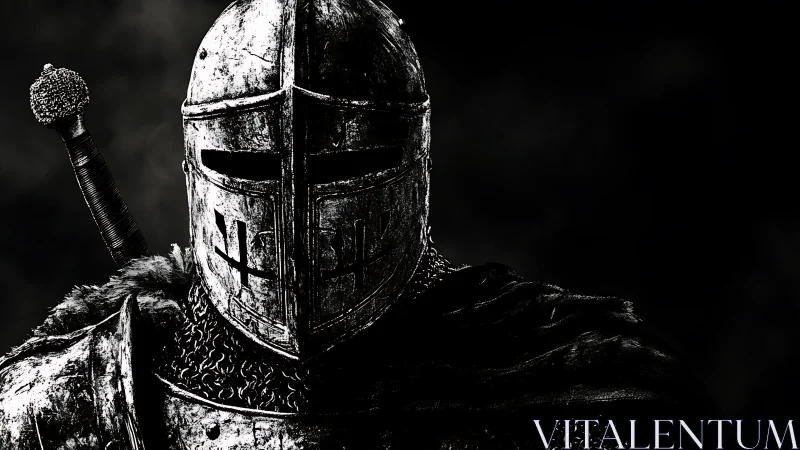 Medieval knight in helmeted armor against dark backdrop.