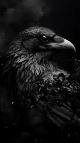 Monochrome raven portrait merges realism and ornate decay