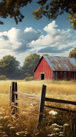 Red barn anchors sunlit meadow under towering clouds.