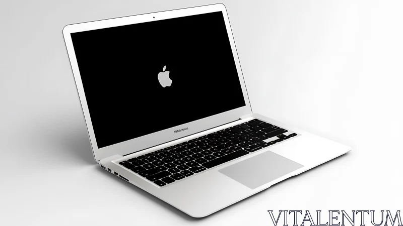 Open silver laptop computer displays black screen with logo