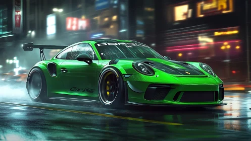 Neon green GT race car accelerates through wet cyber city street