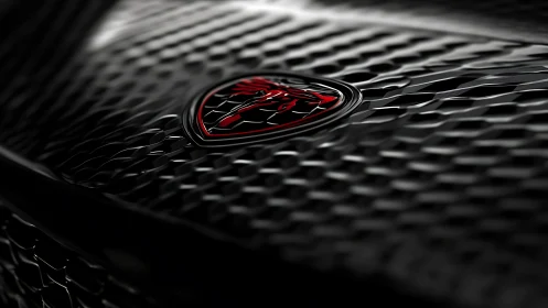 Red sports badge dominates dark metallic honeycomb grille