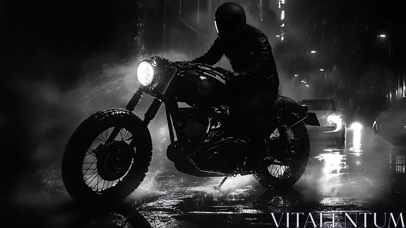 Café racer motorcycle in rainy night urban street backlight