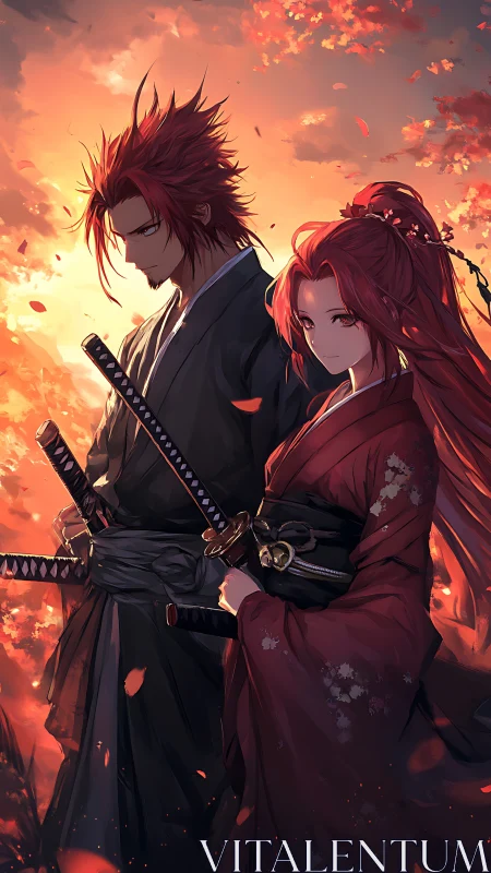 Samurai pair in ember-lit kimonos with twin katana detail.