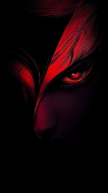 Red-lit partial face with stylized eye occupies dark frame