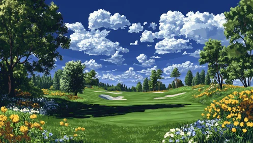 Lush golf fairway under vivid cumulus sky in digital art.